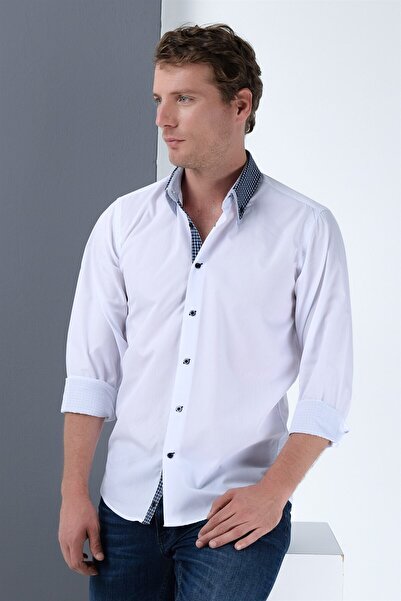 Dewberry G692 Men's Shirt-White - Navy Blue