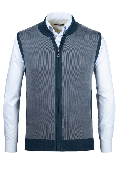 Çizgi Triko Чоловічий трикотажний жилет з кишенями на блискавці, сталевий трикотаж, класичний крій - 5015J
