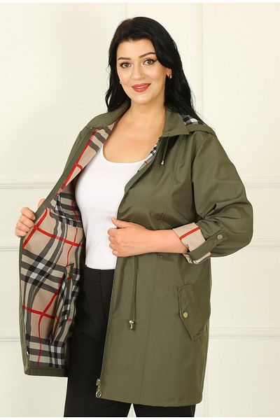 By Alba Collection Γυναικεία καμπαρντίνα Plus Size - Χακί Καρό Λεπτομέρεια