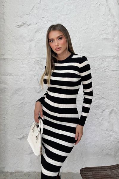 Ded COLLECTION Rochie de damă tricotaje midi cu dungi alb-negru