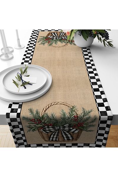 Evmila New Year Christmas Themed Checkered 40X140 cm Velvet Runner