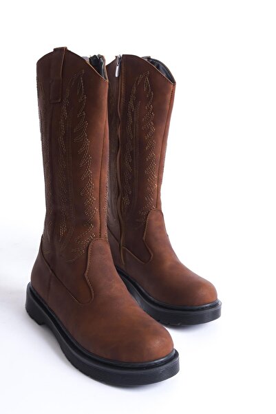 Bak Store Dar Kalip Tan Matte Embroidered Zippered Western Cowboy Women's Boots with Stitched Soles