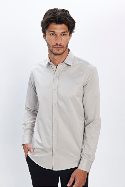 Tudors Erkek Modern Fit Dar Kesim Pamuklu Düz Saten Gri Gömlek
