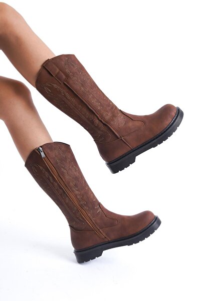 Bak Store Dar Kalip Tan Matte Embroidered Zippered Western Cowboy Women's Boots with Stitched Soles