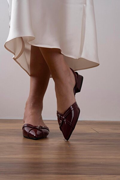 sovrana Two Belt Detailed Pointed Toe Ballerinas Claret Red Patent Leather