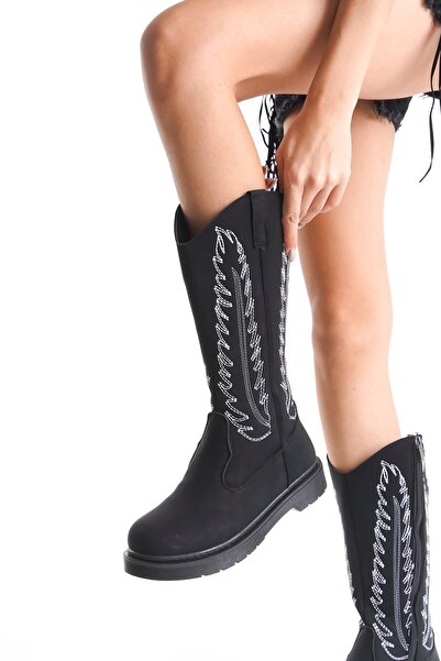 Bak Store Dar Kalip Black Matte White Embroidered Zippered Western Cowboy Women's Boots with Stitched Soles