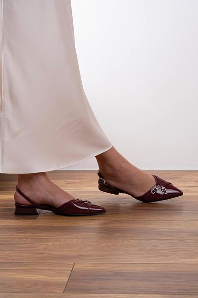 sovrana Two Belt Detailed Pointed Toe Ballerinas Claret Red Patent Leather