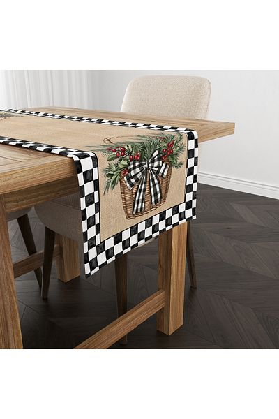 Evmila New Year Christmas Themed Checkered 40X140 cm Velvet Runner