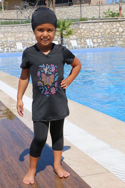 Eslina 1709-1 Printed Black Kids Pool Swimsuit - Short Sleeve