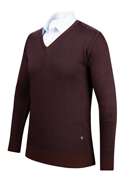 Çizgi Triko Men's V-Neck Stripe Knitwear Sweater - Patterned Sleeve and Waist Elastic, Steel Knit Classic Fit - 5015D