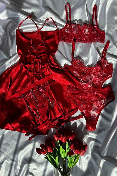 M&A Özaltın Red Coated 5 Piece Giant Silk Satin Set
