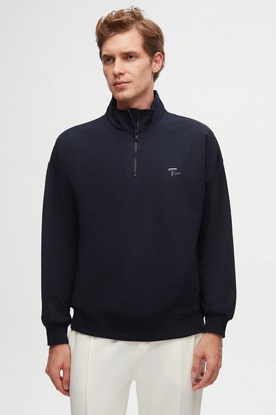 Twn Βαμβακερό εποχιακό φούτερ Navy Blue Oversize - Μισό φερμουάρ