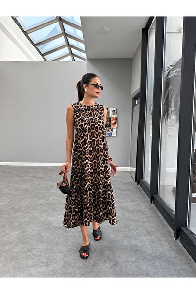 khar Leo Desenli Sıfır Kol Elbise