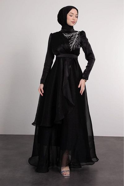 Lamia Giyim Black Hijab Evening Dress - Leaf Pattern and Stone Embroidery