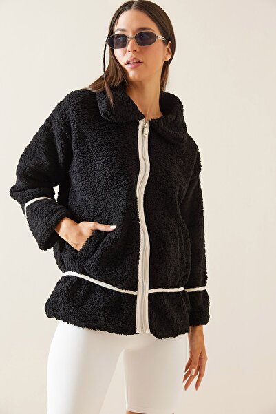 XHAN Siyah Polo Yaka Fermuarlı Peluş Ceket 5KXK4-48957-02