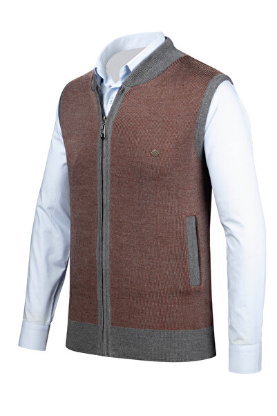 Çizgi Triko Stripe Knitwear Men's Knitwear Vest with Zipper Pocket Steel Knitwear Classic Fit - 5015J
