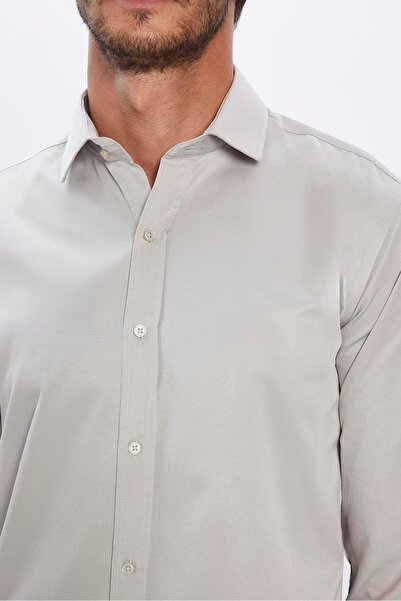 Tudors Erkek Modern Fit Dar Kesim Pamuklu Düz Saten Gri Gömlek