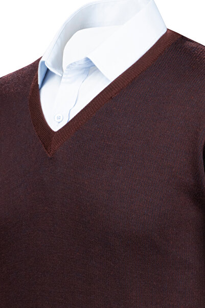 Çizgi Triko Men's V-Neck Stripe Knitwear Sweater - Patterned Sleeve and Waist Elastic, Steel Knit Classic Fit - 5015D