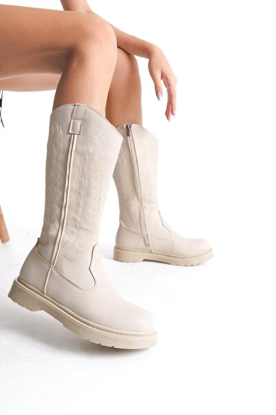 Bak Store Dar Kalip Beige Leather Embroidered Zippered Western Cowboy Women's Boots with Stitched Soles