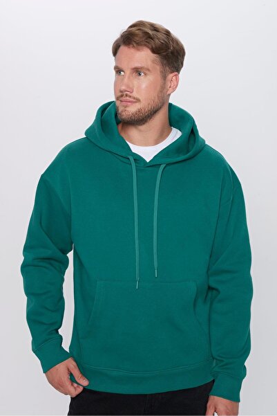 Tudors Unisex oversize široký střih bavlna s měkkou texturou základní zelená mikina s kapucí a fleecem uvnitř