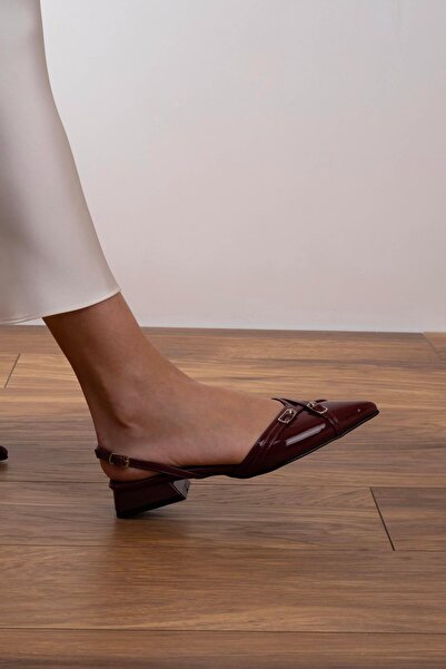 sovrana Two Belt Detailed Pointed Toe Ballerinas Claret Red Patent Leather