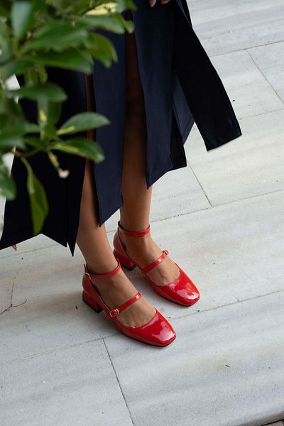sovrana Short Heeled Blunt Toe Closed Back Belted Shoes Red Patent Leather