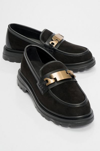 LuviShoes PRAY Damen-Loafer-Schuhe aus schwarzem Wildleder mit Schnalle