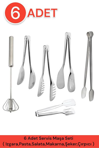 LUCKYHOMES 6 Pieces Economical Kitchen Prep Utensils Serving Tongs Set Bass Pull Beater Stainless Steel Tongs