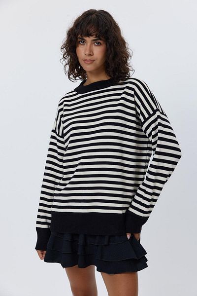Tuba Butik Crew Neck Striped Knitwear Black Cream Women's Sweater