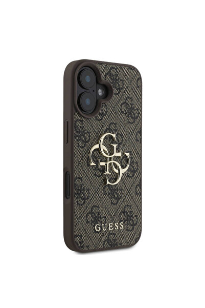 Guess iPhone 16 Plus Kılıf Guess  Lisanslı PU Deri 4G Desen Metal Büyük 4G ve Yazı Logo Kahverengi