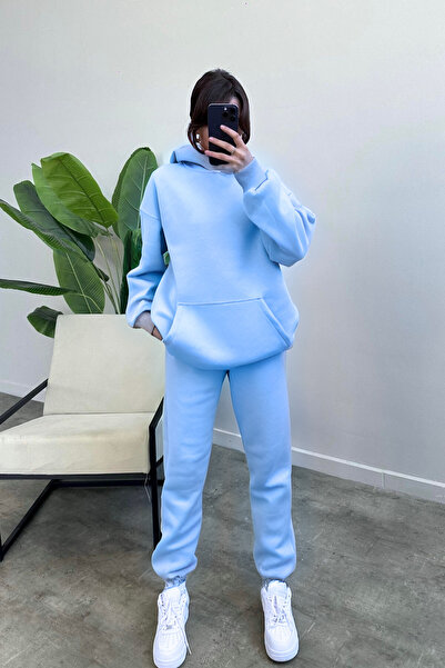 BayBayan Kadın 3 İplik Yüksek Bel Lastikli Oversize Kışlık Kapüşonlu Unısex Eşofman Takımı