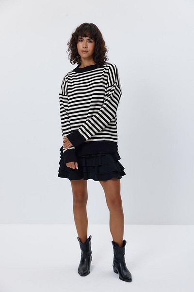 Tuba Butik Crew Neck Striped Knitwear Black Cream Women's Sweater