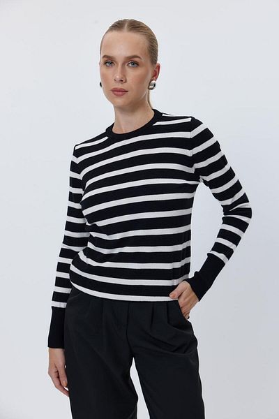 Tuba Butik Crew Neck Striped Knitwear Black Women's Sweater
