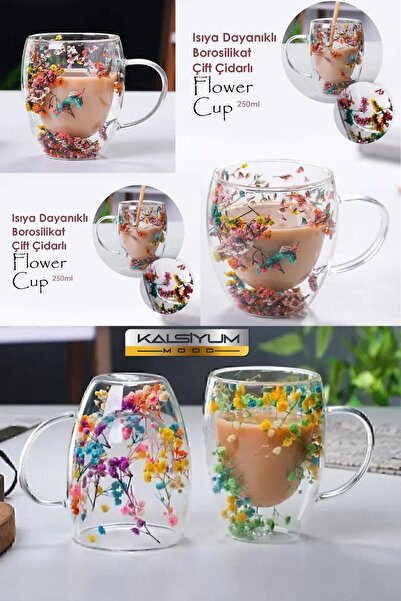 Kalsiyum Mood 2 li Isıya Dayanıklı  Bitki Çay Bardağı Çiçekli Bardak Borosili...