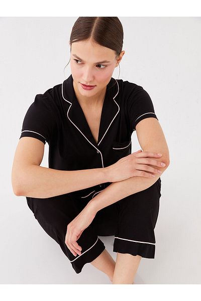 LC Waikiki Lcw Shirt Collar Solid Short Sleeve Women's Pajamas Set