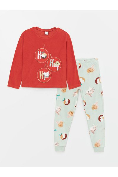LC Waikiki Fleecová dívčí pyžamová souprava s vánočním motivem Lcw Crew Neck