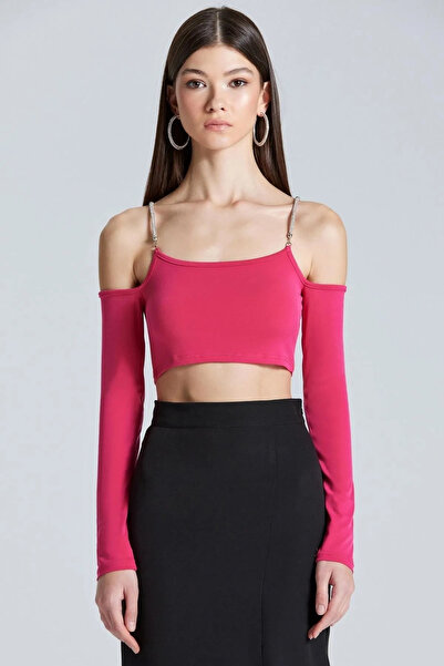 World Fashion Trends Wft1967 Chain Strap Off-The-Shoulder Fuchsia Blouse
