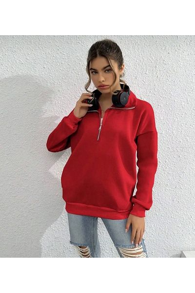DEZZİİ Red High Collar Half Zipper Plain Pullover Sweatshirt