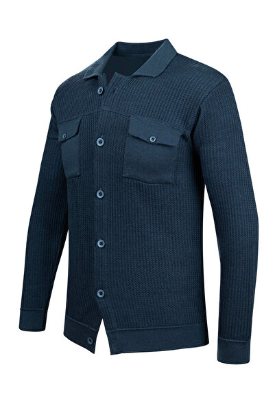 Çizgi Triko Чоловічий трикотажний блейзер у смужку - на ґудзиках, з двома кишенями, з в'язаним візерунком, прямий крій - 5017G