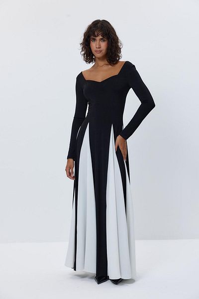 Tuba Butik Heart Collar Colorblock Black Long Dress