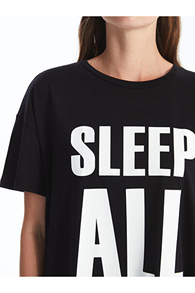 LC Waikiki Μαύρο γυναικείο νυχτικό με λαιμόκοψη με τύπωμα