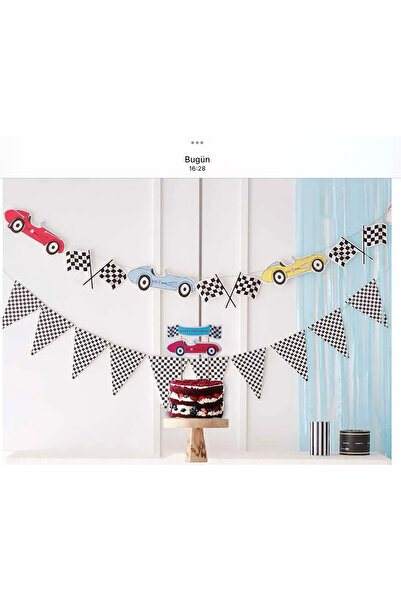 Partifabrik Yarış Araçları Temalı Pasta Süsü Duvar Banner Ve Üçgen Damalı Bayrak 3 lü Set