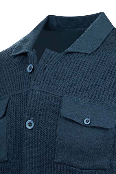 Çizgi Triko Чоловічий трикотажний блейзер у смужку - на ґудзиках, з двома кишенями, з в'язаним візерунком, прямий крій - 5017G