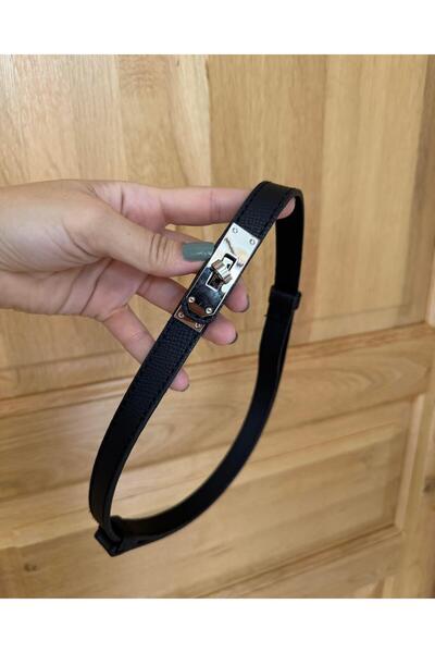 Tina İstanbul Silver Lock Buckle Stitched Belt 2cm Black