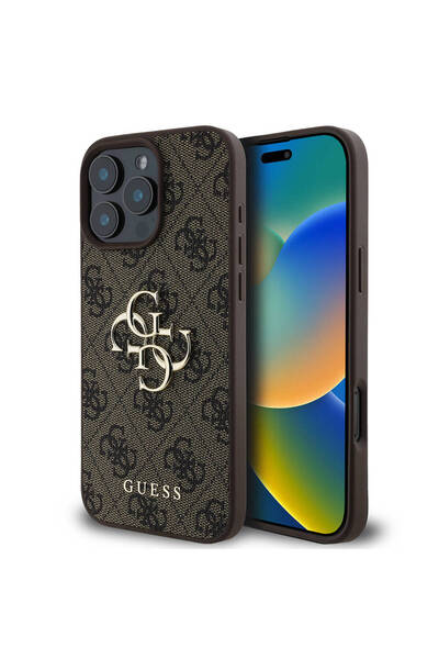 Guess iPhone 16 Pro Uyumlu Lisanslı PU Deri 4G Desen Metal Büyük 4G ve Yazı L...