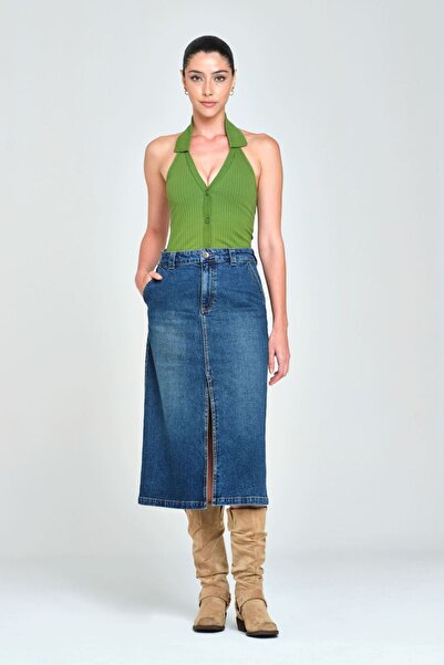 Navy Blue Mıdı Skit Women's Jean Skirt