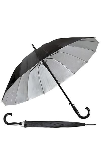 GÜZELYÜZ AVM Siyah Şemsiye 16 Telli Dışı Siyah Içi Gümüş Renk Baston Şemsiye Erkek Kadın Şemsiyesi İmparator