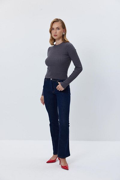 Tuba Butik Pulover de damă, cu gât crew, tricotat, antracit