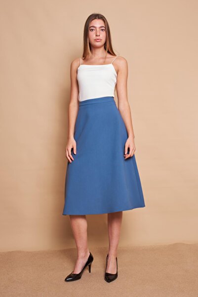 Jument Fustă de damă, cu talie înaltă, sub genunchi, din țesătură lycra ușoară - albastru murdar