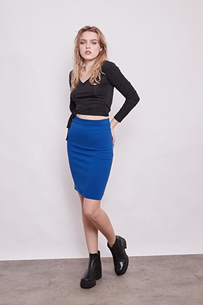 Jument High Waist Above Knee Fabric Pencil Skirt-Sax